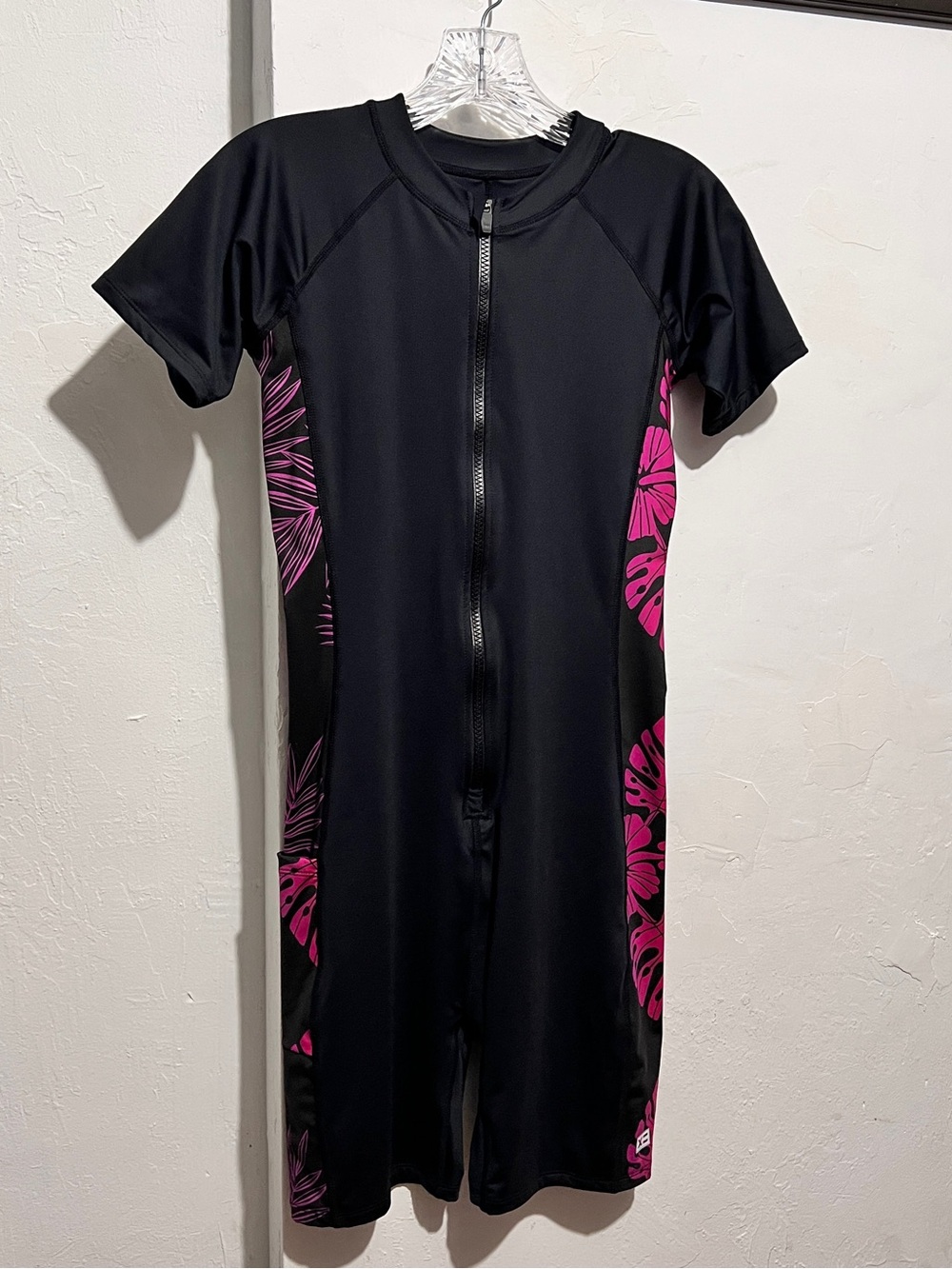 TomboyX Black with Pink Floral-Panel Short-Sleeve Zip Swim One-Piece